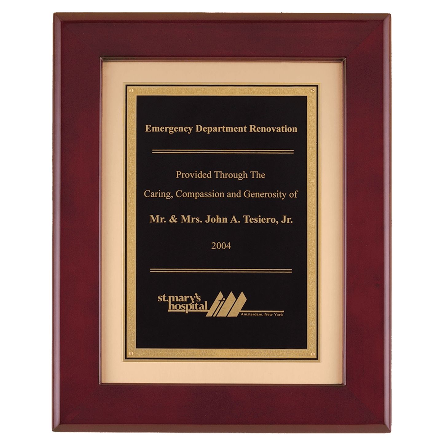 12" x 15" Rosewood Piano Finish Frame with Black Plate on Brushed Gold Metal Background