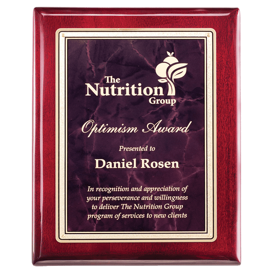 Rosewood Piano Finish Plaque with Ruby Marble/Gold Florentine Design