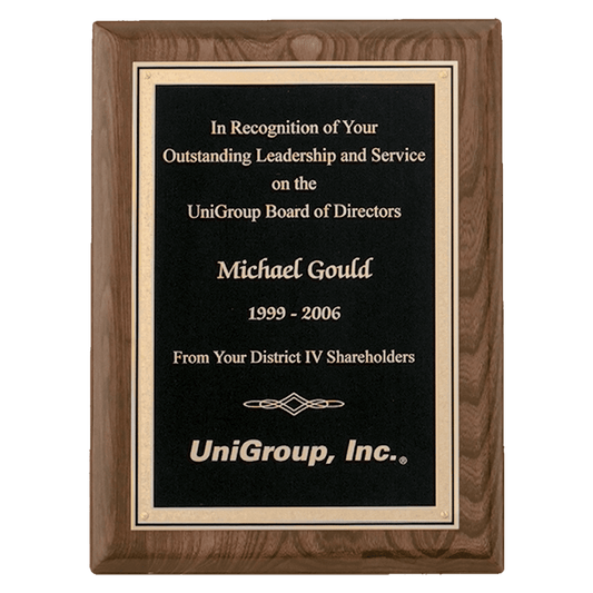 Airflyte Walnut Piano Finish Plaque with Textured Black/Gold Florentine Border