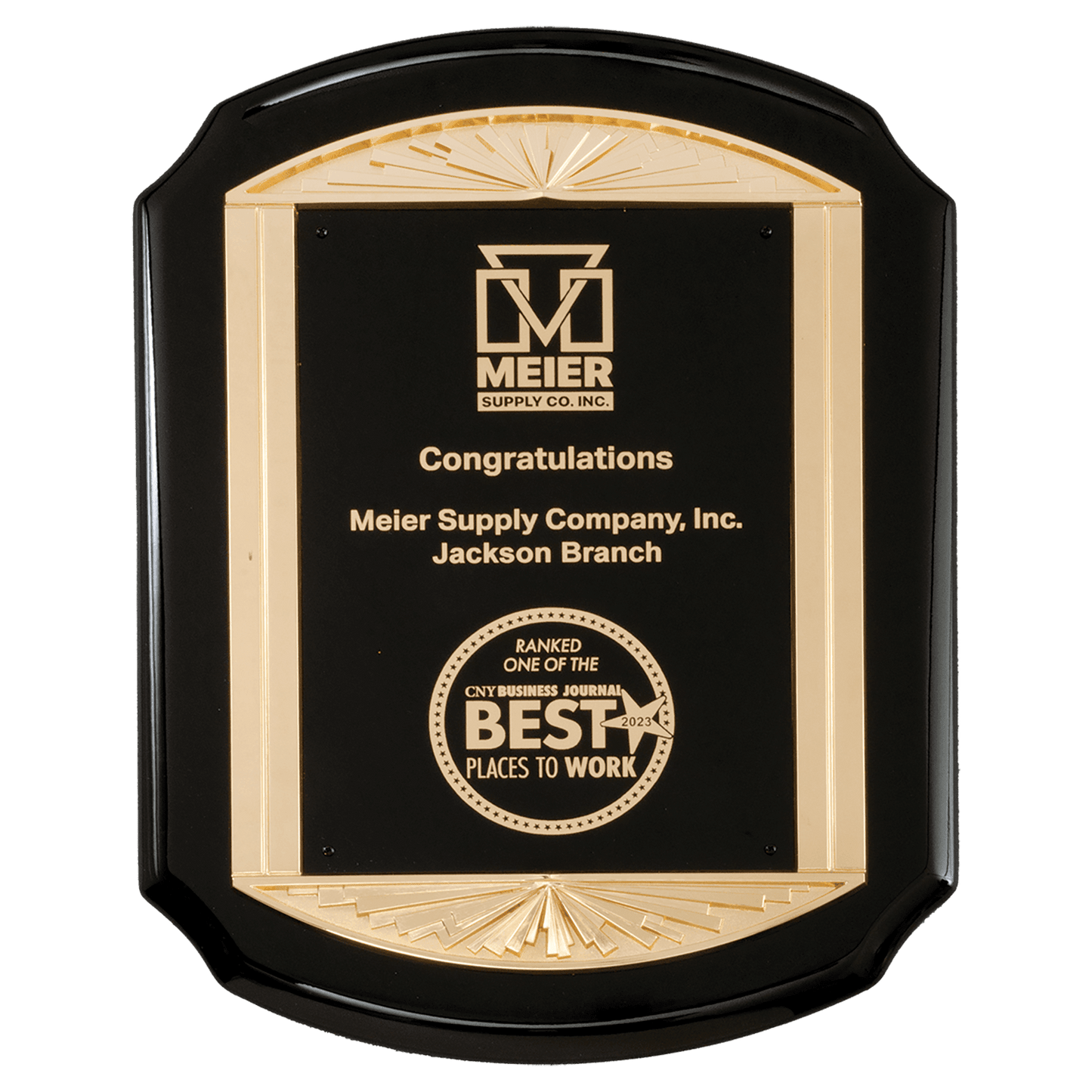 Black Piano Finish Plaque with Metal Gold Sunburst Frame Casting