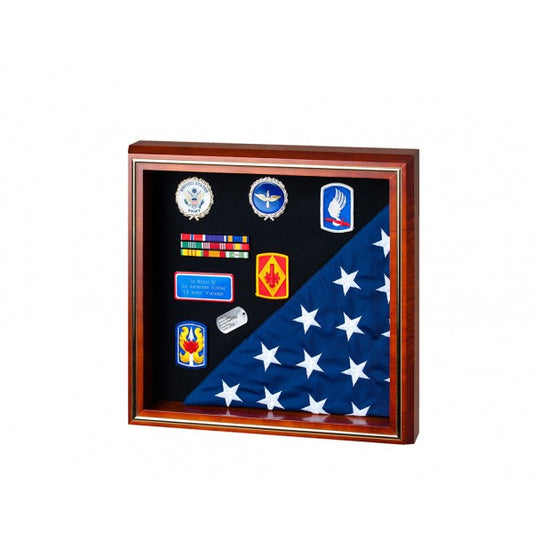 Square Flag Case/Shadowbox with Gold Trim, holds Memorial flag