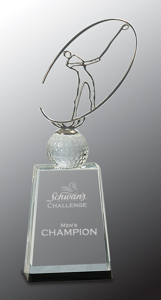 Clear/Black Crystal Golf Award with Silver Metal Oval Figure