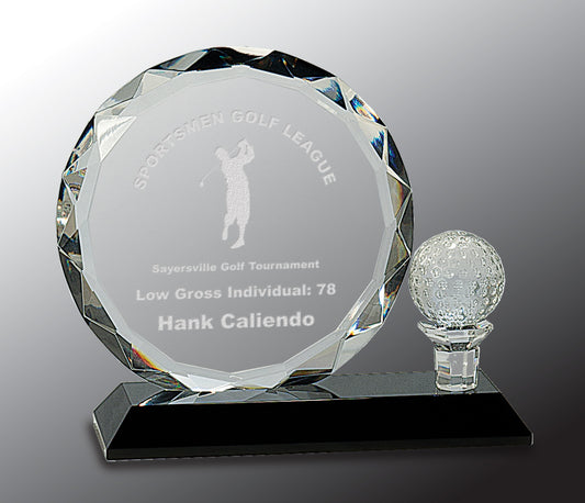 Round Facet Crystal with Golf Ball on Black Pedestal Base