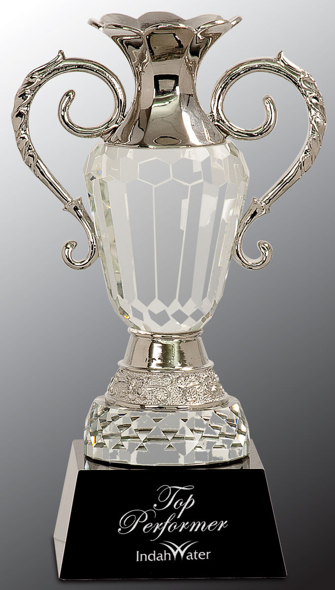 Crystal Cup with Silver Metal Handles on Black Pedestal Base