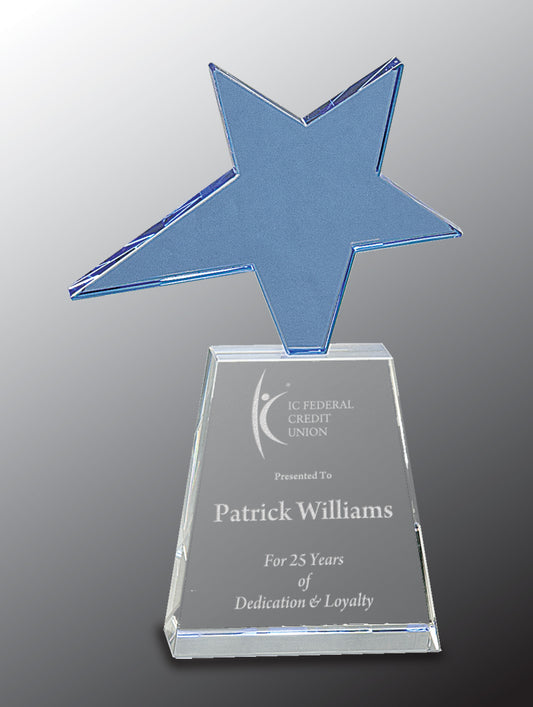 Blue Crystal Star on Clear Pedestal Base