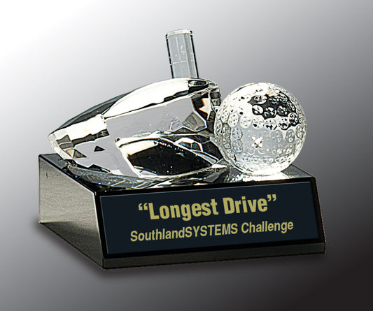 Clear Crystal Golf Ball & Club on Black Pedestal Base