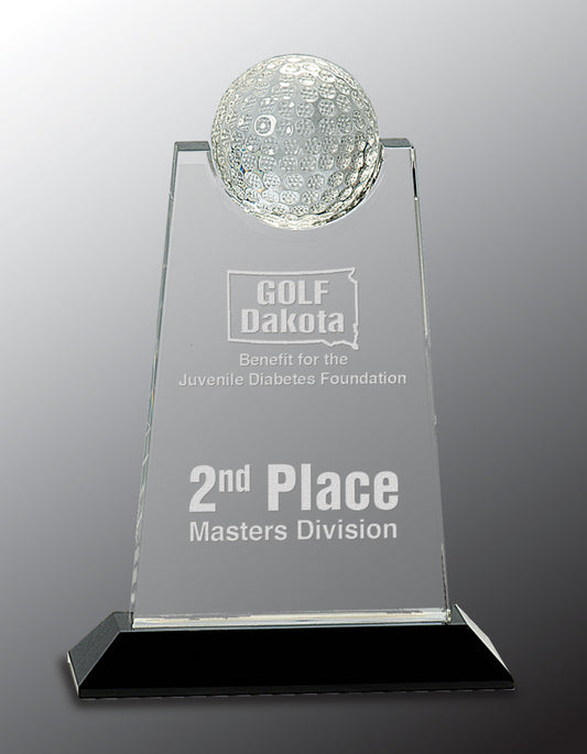Clear Crystal Tablet with Inset Golf Ball on Black Pedestal Base