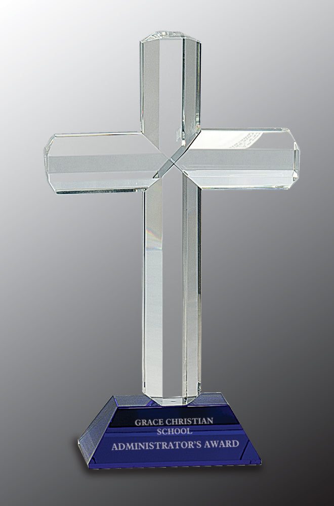 Crystal Cross on Blue Pedestal Base