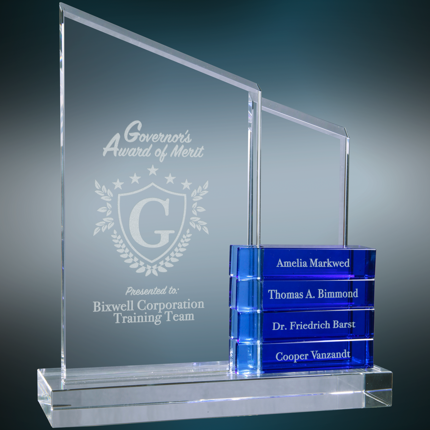 Crystal Perpetual Standup Plaque with 4 Blue Crystal Blocks